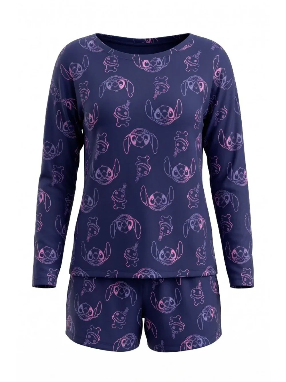 Disney Lilo & Stitch Juniors Pajama Set Long Sleeve Top Shorts Blue NWT Large